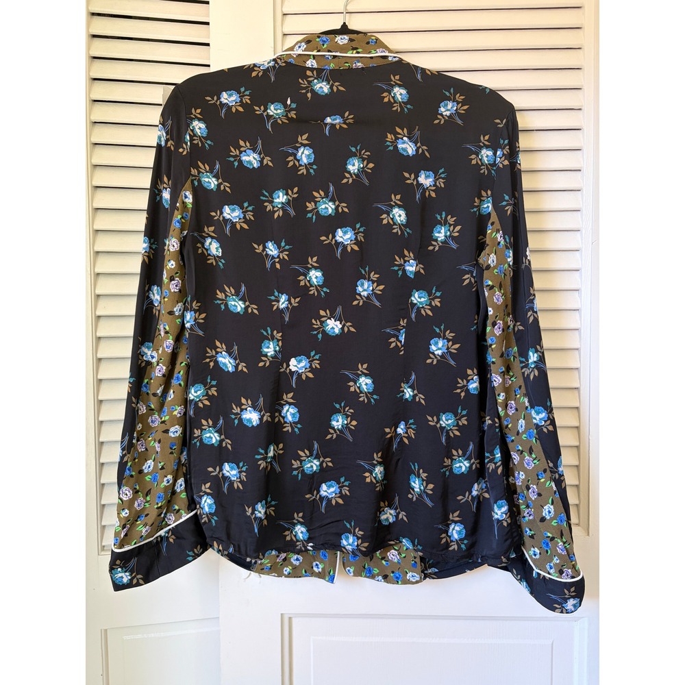 Sandro Paris Crepe & Satin Noisette Floral Blouse In Black Blue l sz 1 Sm - Picture 2 of 8